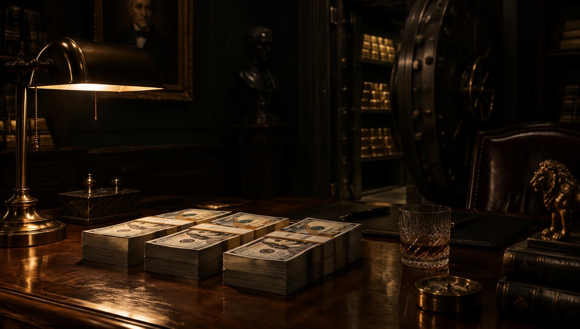 A private vault with currency under lamplight